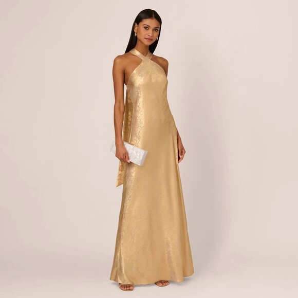 ADRIANNA PAPELL Foiled Mermaid Gown With Halter Neckline In Light Gold - Picture 1 of 7